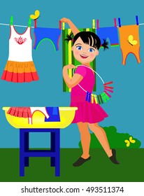 Vector Illustration. Little  girl and baby clothing on the clothesline.
