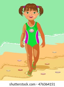 Vector Illustration. Little girl in a bathing suit came out of the sea to the shore.
