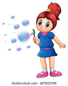 Vector illustration of Little girl blowing bubbles