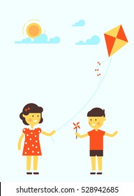 Vector illustration of little girl and boy with kite. Flat design. Sweet cartoon. Very easy to recolor or edit illustration. Good for children arts. 