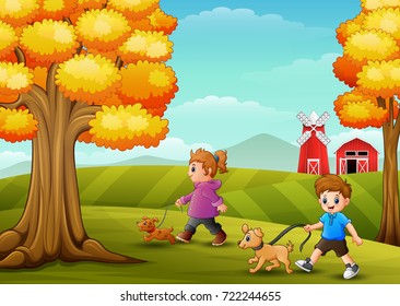 Vector illustration of Little girl and boy walking with his dogs in farm background