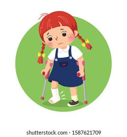 Vector illustration of little girl with broken leg bandage cast walking using crutches. Health Problems concept.