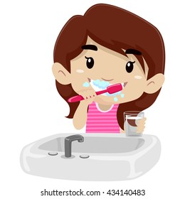 Vector Illustration of Little Girl Brushing her teeth