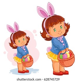Vector illustration of a little girl with bunny ears and a basket for hunting for Easter eggs. Print