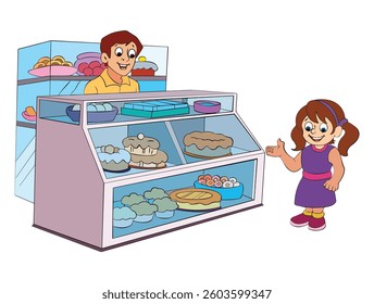 Vector illustration little girl buying sweets from the shop