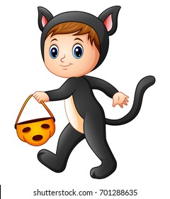 Vector illustration of Little girl in cat costume with pumpkin basket