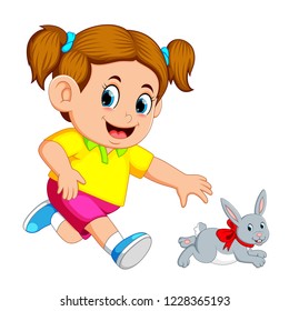 Vector illustration of Little girl catch up a rabbit