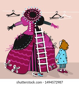 Vector Illustration. Little girl climbing up the Ladder to her dress