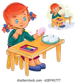 Vector illustration of a little girl coloring Easter eggs with colorful paints. Print