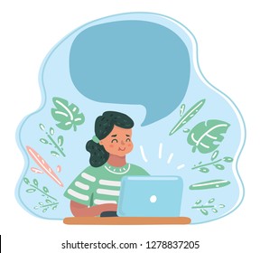 Vector illustration of little Girl and computer. Speech bubble above.