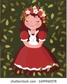 Vector illustration. A little girl with a cute rabbit on the green background.