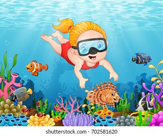 Vector illustration of Little girl diving in the sea