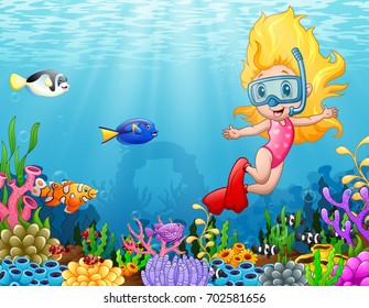 Vector illustration of Little girl diving in the sea