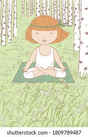 Vector illustration of little girl doing yoga on the grass in birch forest