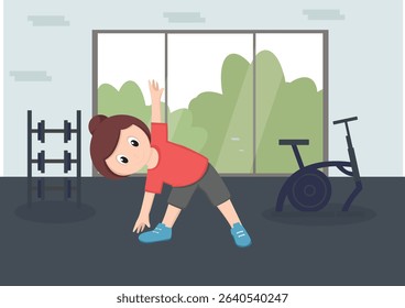 Vector illustration of little girl doing exercise in the morning