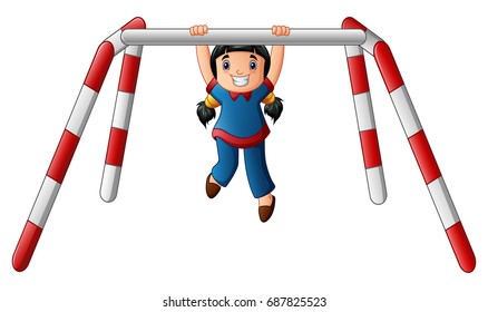 Vector illustration of little girl doing pull-up exercise