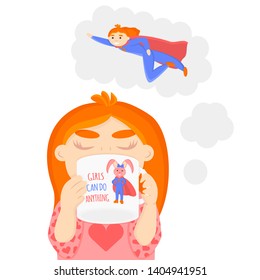 Vector Illustration of Little Girl is Dreaming about be Superhero. Girl is Drinking from Mug with Drawing of Little Rabbit is Superhero. Girls Can Do Anything