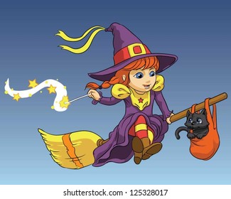 Vector illustration of a little girl dressed as a witch flying on the broom with her cat friend.