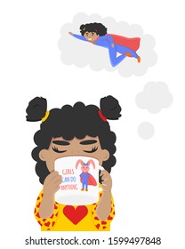 Vector Illustration of Little Girl Drinks and Dreams about be Superheroine. Drawing of Female Rabbit like is Superhero. Girls Can Do Anything. Concept for International Women's Day and Child's Dreams