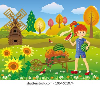 Vector illustration of a little girl eating watermelon standing near a garden cart loaded with pumpkins in an autumn garden