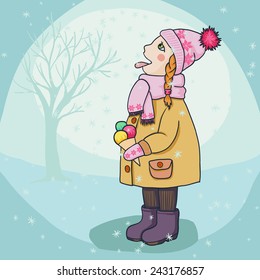 Vector illustration, little girl eating snow in winter with her tongue out while having ice-cream in her hand on light blue background with snowflakes