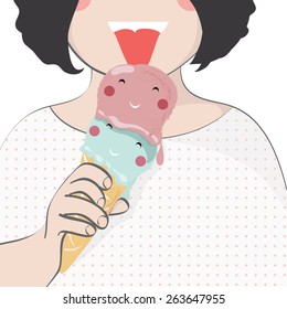 vector illustration of a little girl eating ice-cream, in a funny cartoon style, can be used for kids designs and decorations