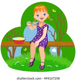 Vector Illustration. Little girl eating outdoors.