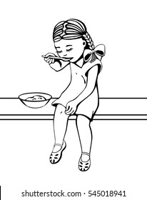 Vector Illustration. Little girl eating outdoors. Contour.