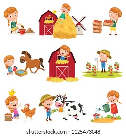 Vector Illustration Of Little Girl At Farm