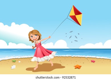 A vector illustration of a little girl flying a kite on the beach