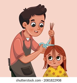 Vector illustration of little girl getting a haircut at the hairdresser's.
