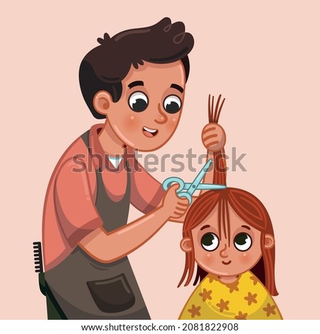 Vector illustration of little girl getting a haircut at the hairdresser's.
