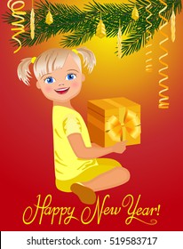 Vector Illustration. Little girl with a gift under the Christmas tree.