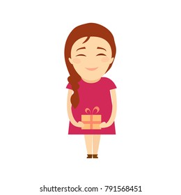 Vector illustration of little girl with gift box.