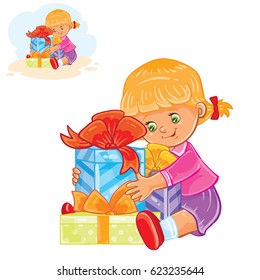 Vector illustration little girl is going to open gifts. Print for T-shirts