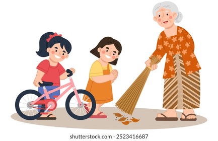 Vector illustration of little girl greeting old woman