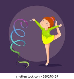 Vector illustration of little girl gymnast performing with ribbon 