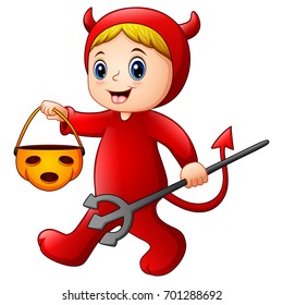 Vector illustration of Little girl in halloween red devil costume