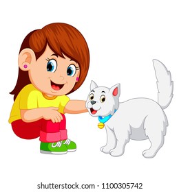 vector illustration of Little girl and her pet cat