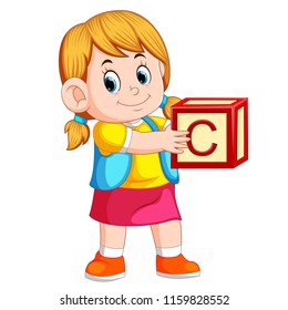 vector illustration of little girl holding the alphabet cube