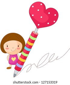 A vector illustration of a little girl holding a pen