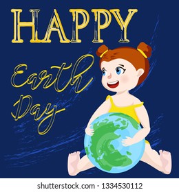 Vector illustration of little girl holding earth. Cartoon illustration to Earth day