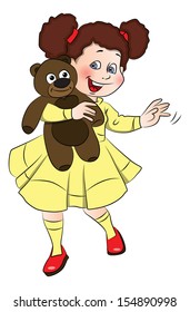 Vector illustration of little girl holding her teddy bear.