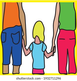 
Vector illustration, little girl holding hands by her parents, on white background.