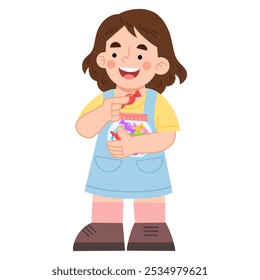 Vector illustration of little girl holding a jar of sweet candy