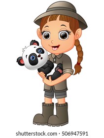 Vector illustration of Little girl holding panda bear