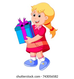 vector illustration of Little girl holding a gift box