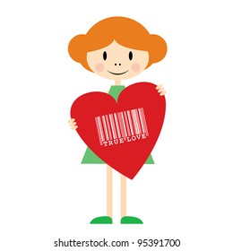 Vector illustration of little girl with huge heart