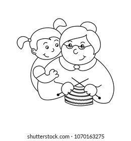 Vector illustration of a little girl hugging grandmother, old lady knitting.Linear silhouette on a white background