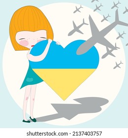 Vector illustration of a little girl hugging heart in Ukrainian flag colors on the background in the sky war air planes attacking